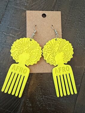 Yellow Afro Pick Wooden Drop Earrings - Women Jewelry Earrings